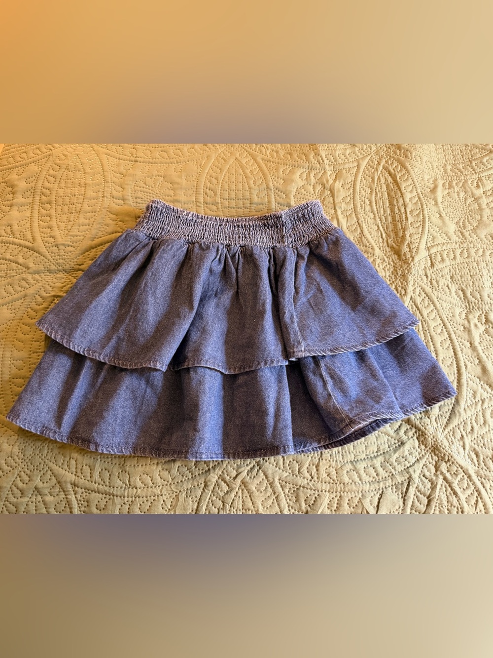 Smocked-Waist Tiered Skater Skirt in Chambray Blue